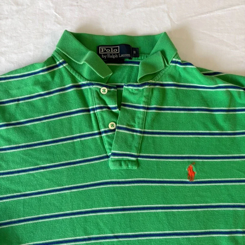Polo Ralph Lauren Mens Green Striped Embroidered Pony Logo Polo Shirt Size S‎